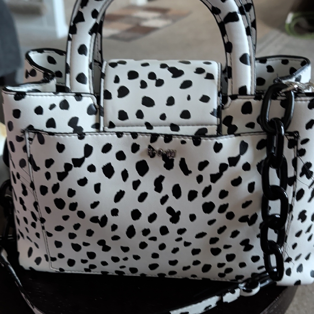 Dalmatian-Print Satchel with Chain Strap - Black & White